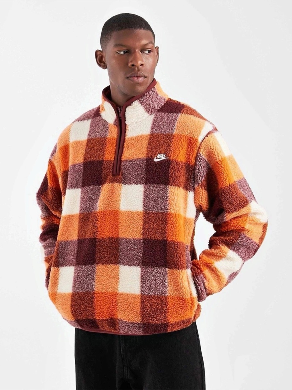 Nike Club Plaid Therma-FIT Fleece Half Zip Pullover Men's Orange & Brown LARGE